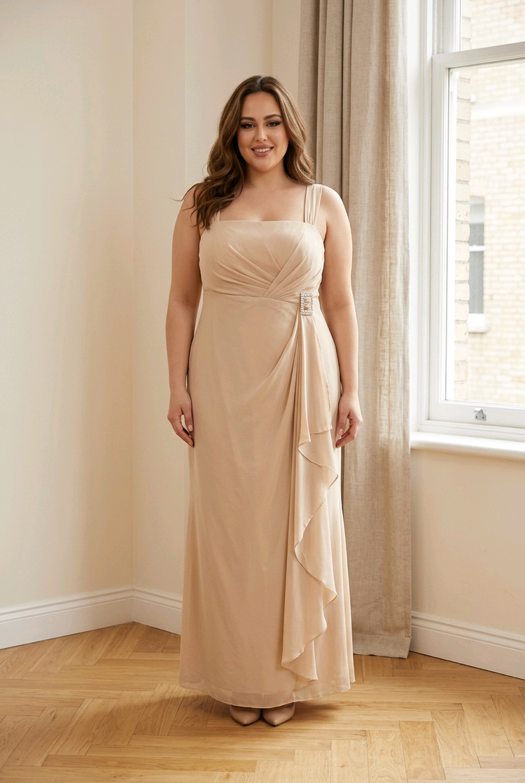 Taupe Lace Up Back Flowy Gown with Jacket, Size 16
