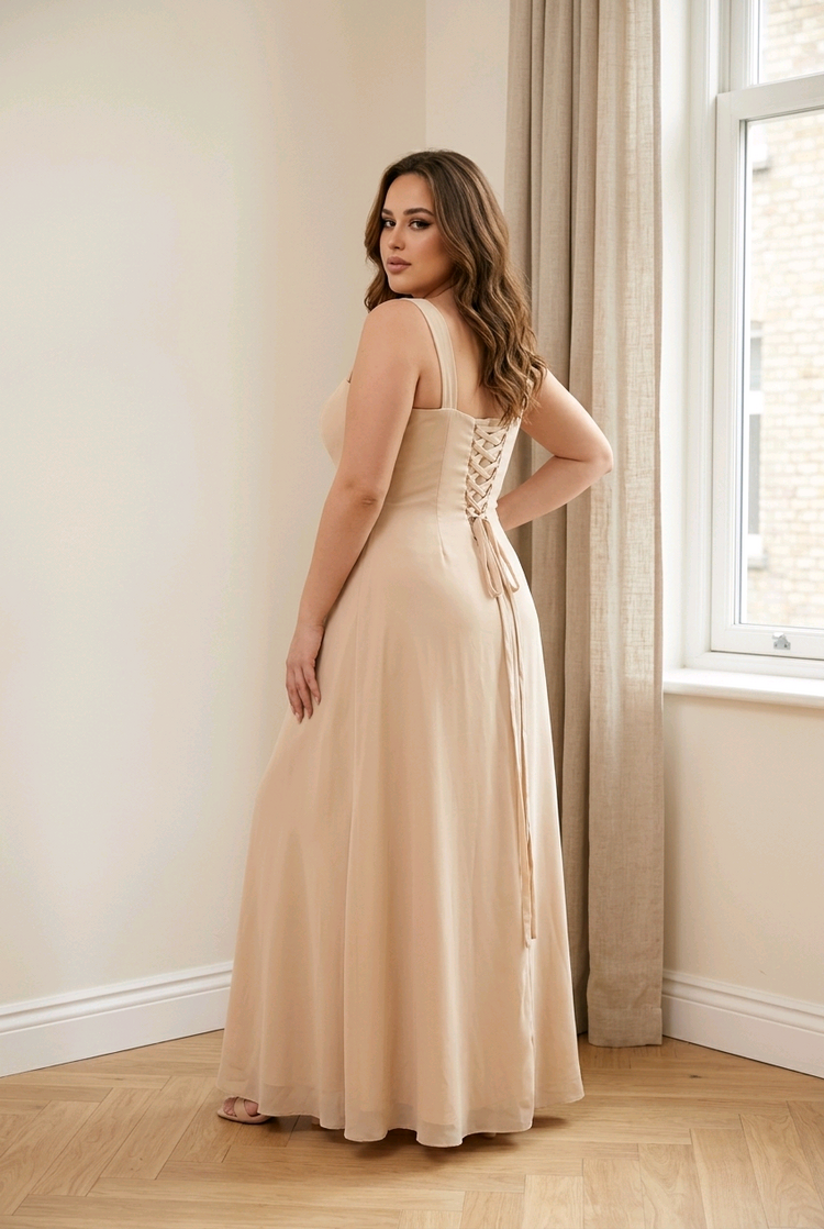 Taupe Lace Up Back Flowy Gown with Jacket, Size 16