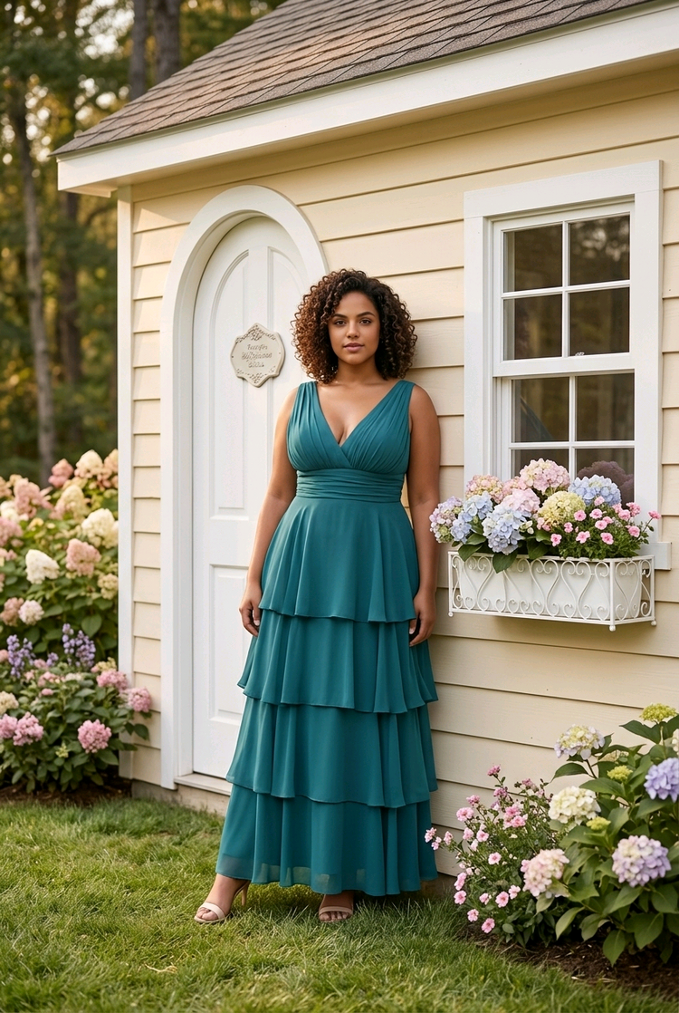 Teal Green Tiered Gown, Size 16