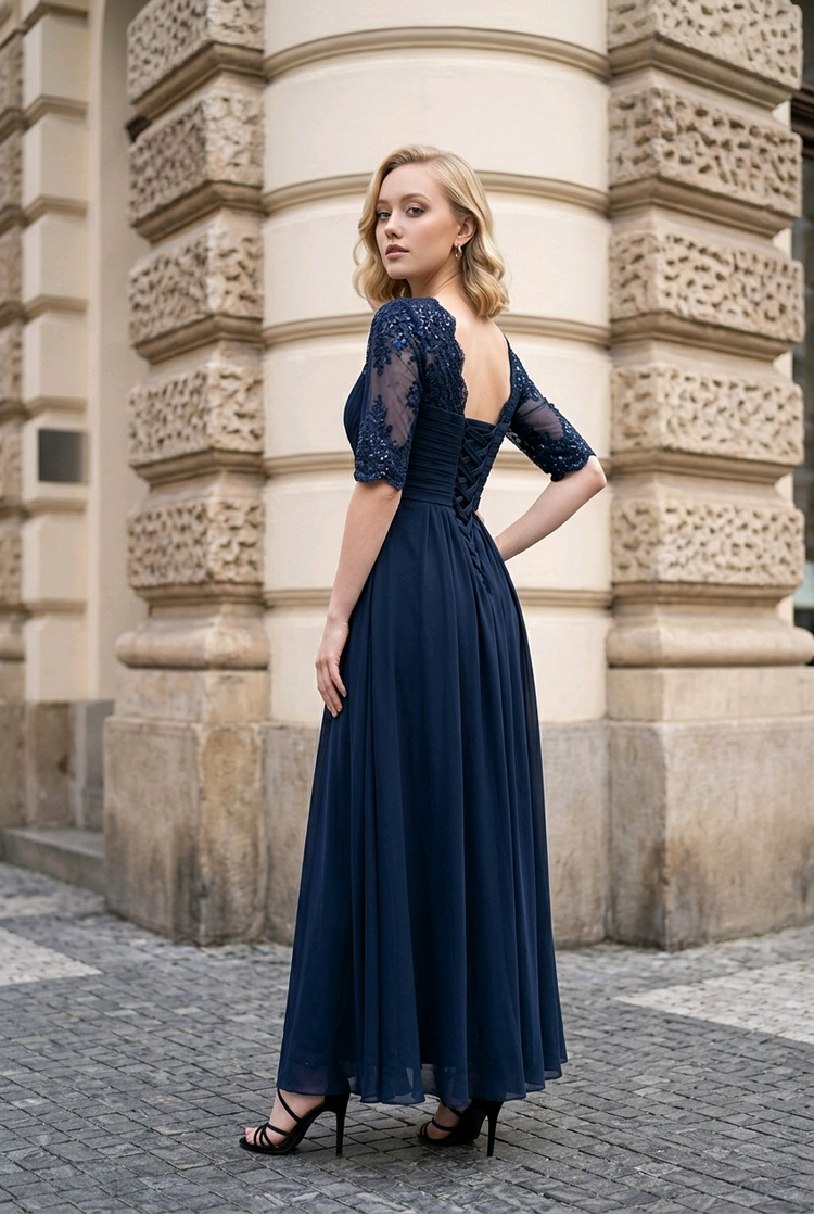 Navy Blue Gown with Mesh Sequin Sleeves, Size 12