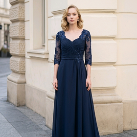 Navy Blue Gown with Mesh Sequin Sleeves, Size 12