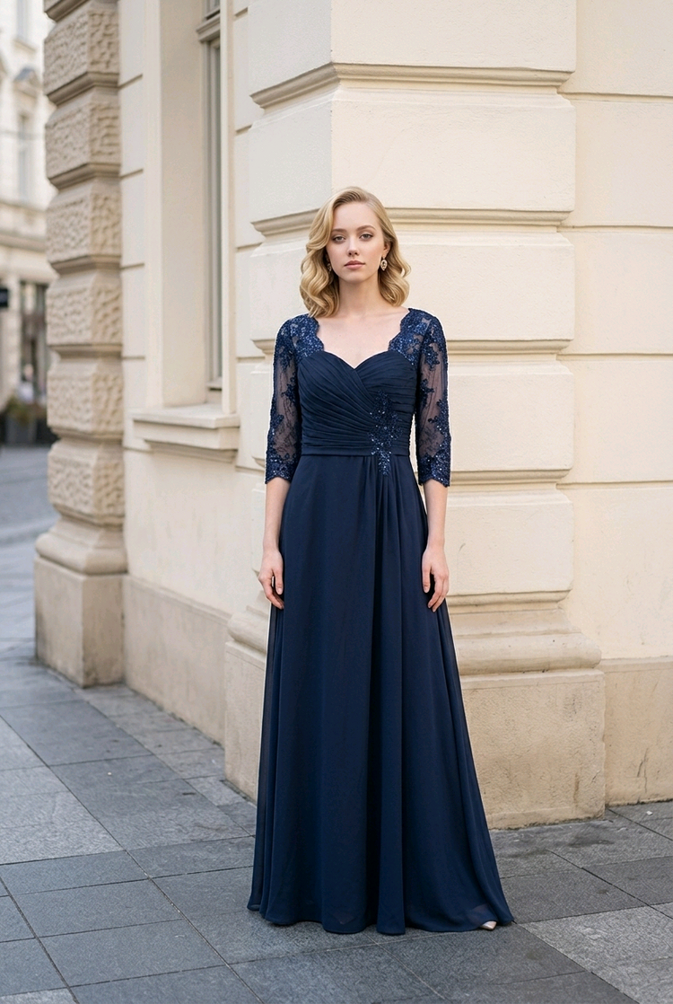 Navy Blue Gown with Mesh Sequin Sleeves, Size 12