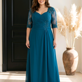 Teal Blue Gown with Mesh Sequin Sleeves, Size 16