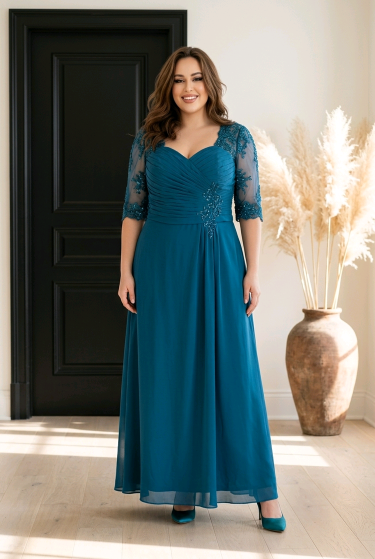 Teal Blue Gown with Mesh Sequin Sleeves, Size 16
