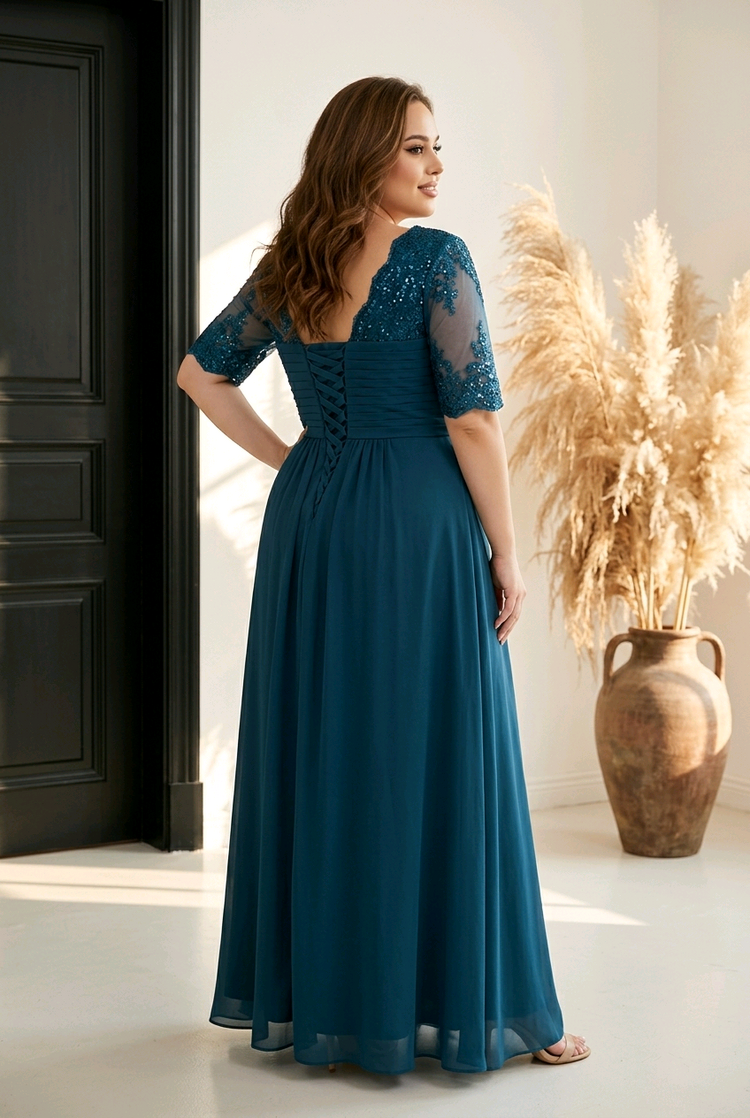 Teal Blue Gown with Mesh Sequin Sleeves, Size 16