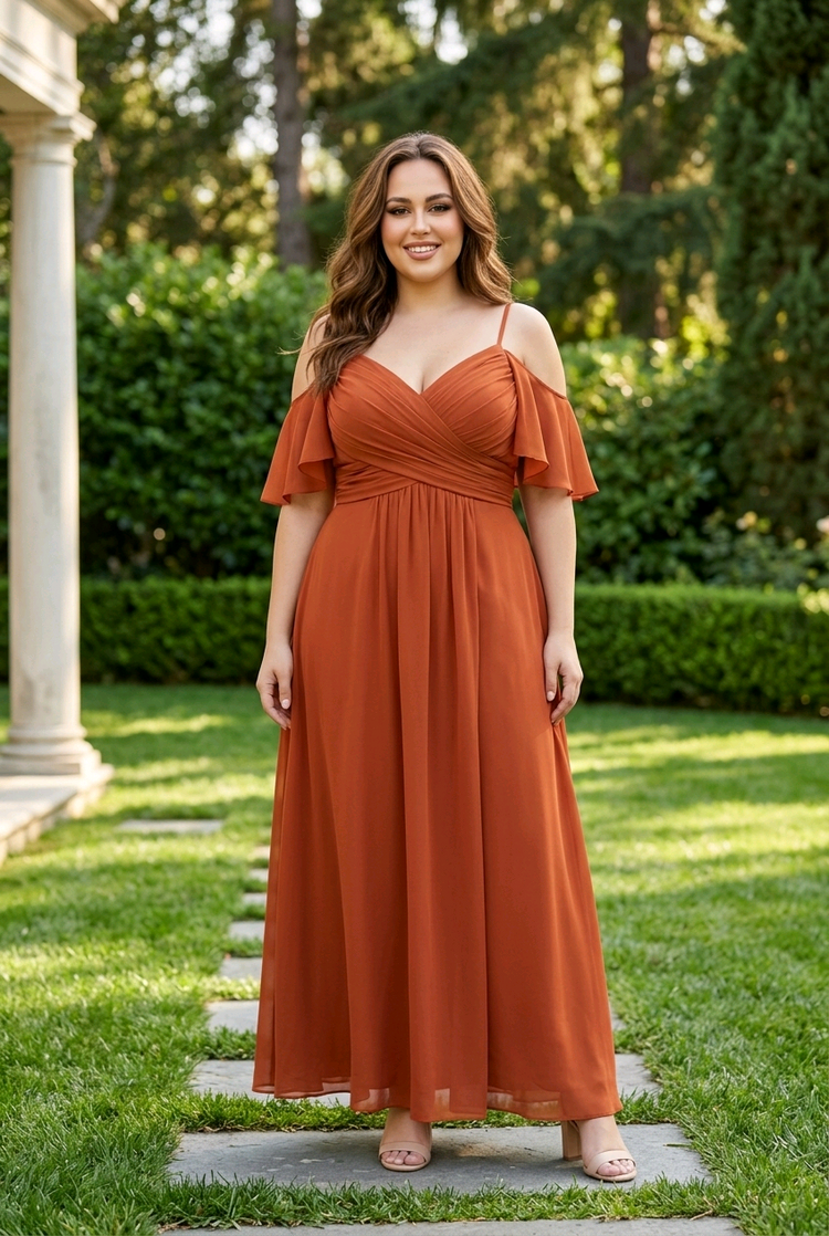 Terracotta Cold-Shoulder Gown w/Ruched Bodice & Slit, Size 16