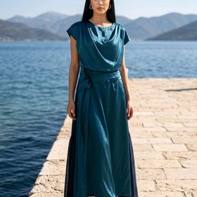 Teal Blue Satiny Cap Sleeved Gown, Size 14