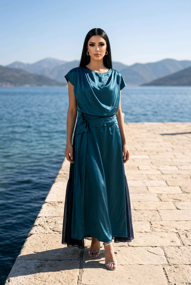 Teal Blue Satiny Cap Sleeved Gown, Size 14