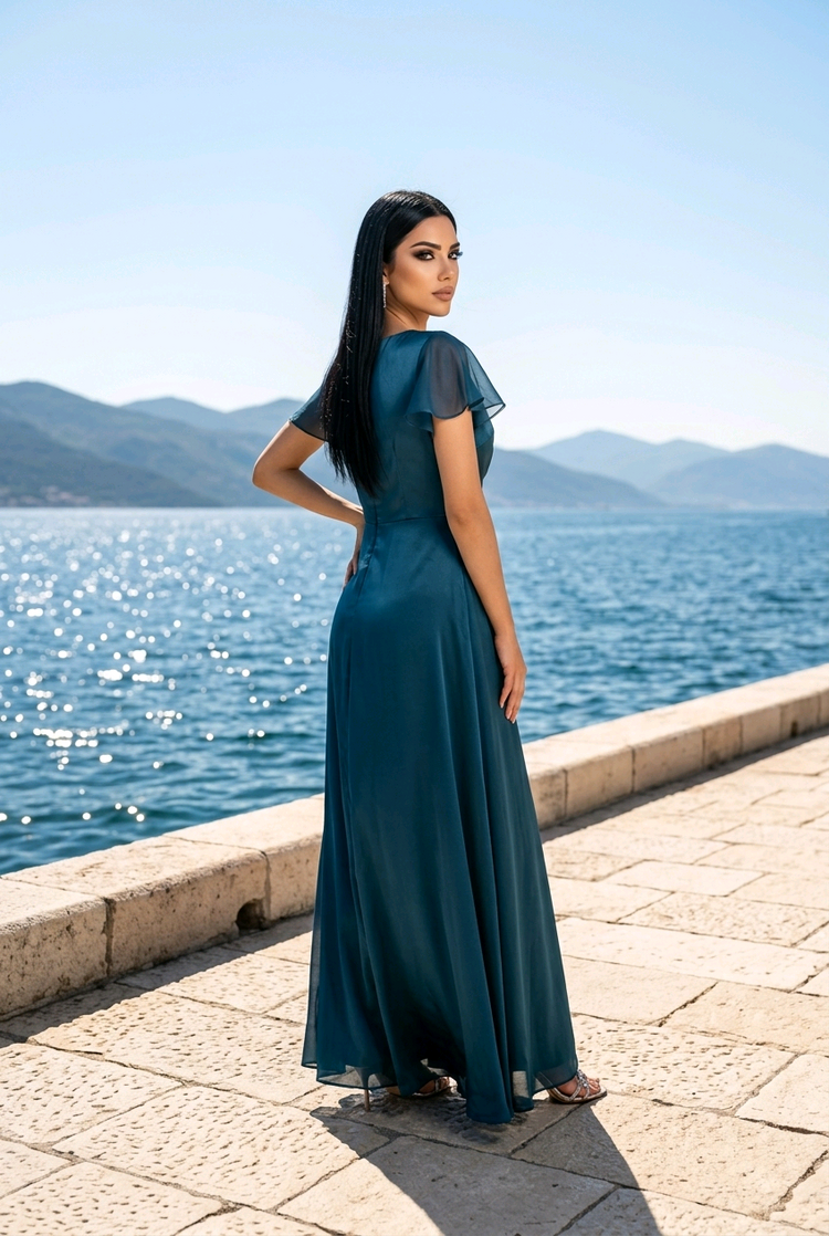 Teal Blue Satiny Cap Sleeved Gown, Size 14