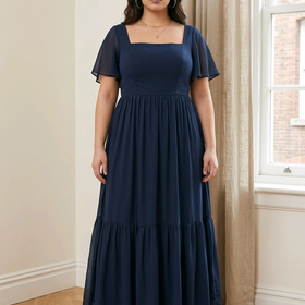 Navy Lace Up Back Flowy Gown with Flutter Sleeves, Size 14
