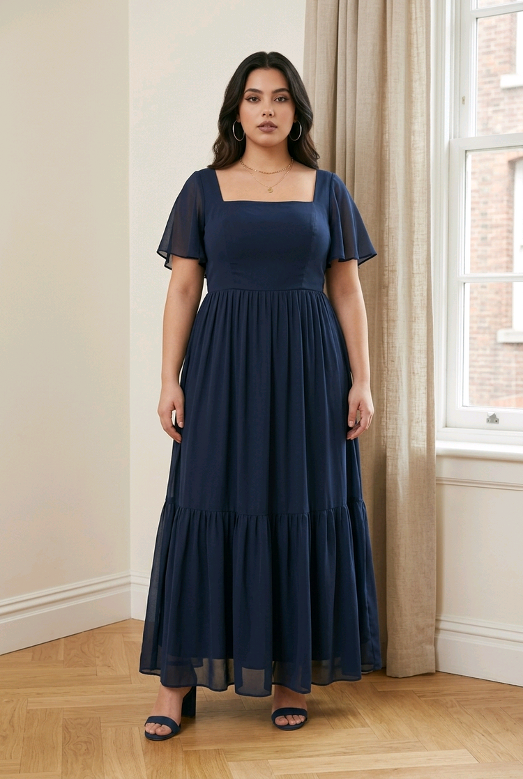 Navy Lace Up Back Flowy Gown with Flutter Sleeves, Size 14