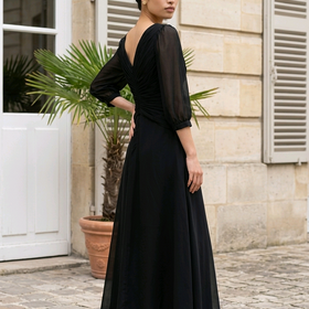 Black Ruched Bodice Sheer Sleeved Flowy Gown, Size 12