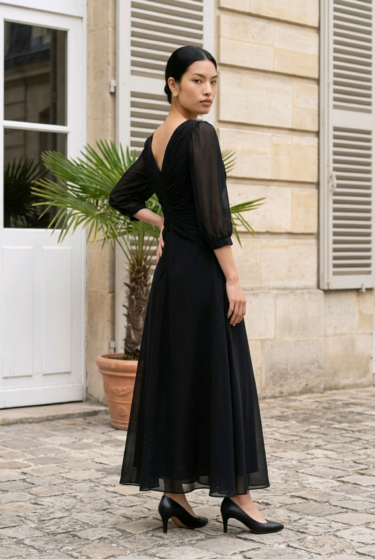 Black Ruched Bodice Sheer Sleeved Flowy Gown, Size 12