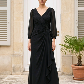 Black Ruched Bodice Sheer Sleeved Flowy Gown, Size 12