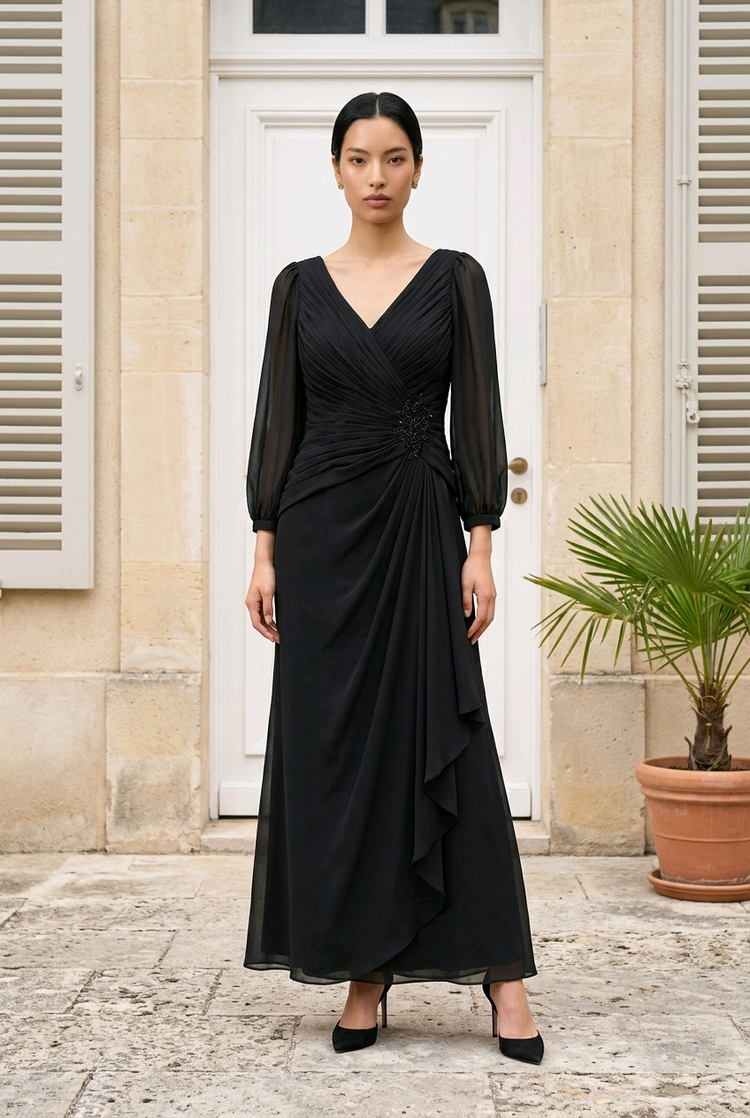 Black Ruched Bodice Sheer Sleeved Flowy Gown, Size 12