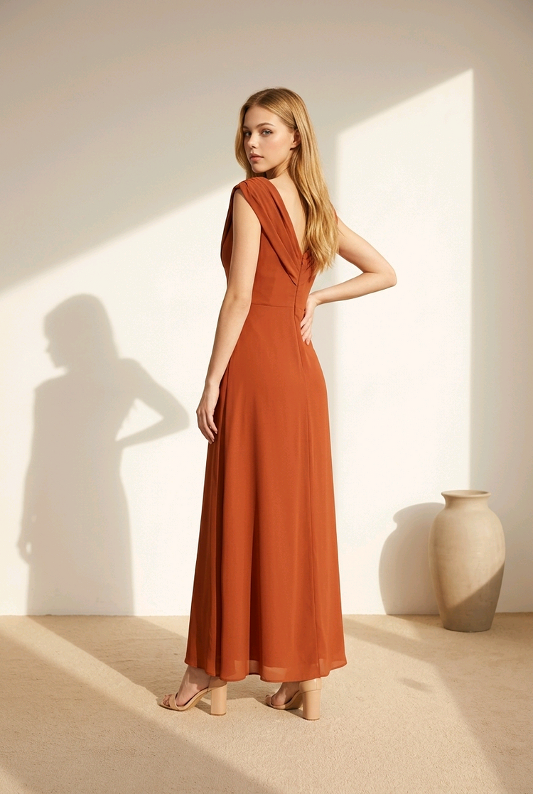 Terracotta Gown with Pleated and Embellished Bodice, Size 10