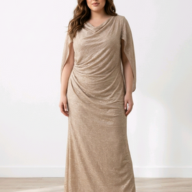 Betsy & Adam Champagne Gown with Metallic Gold & Silver w/Infinity Sleeves, Size 20W