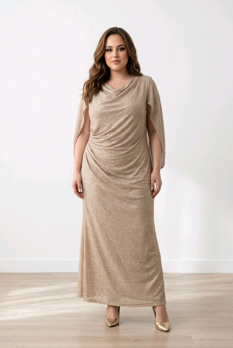 Betsy & Adam Champagne Gown with Metallic Gold & Silver w/Infinity Sleeves, Size 20W