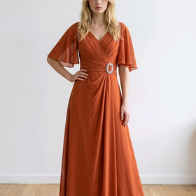 Terracotta Ruched Gown with Brooch and Lace Up Back, Size 12