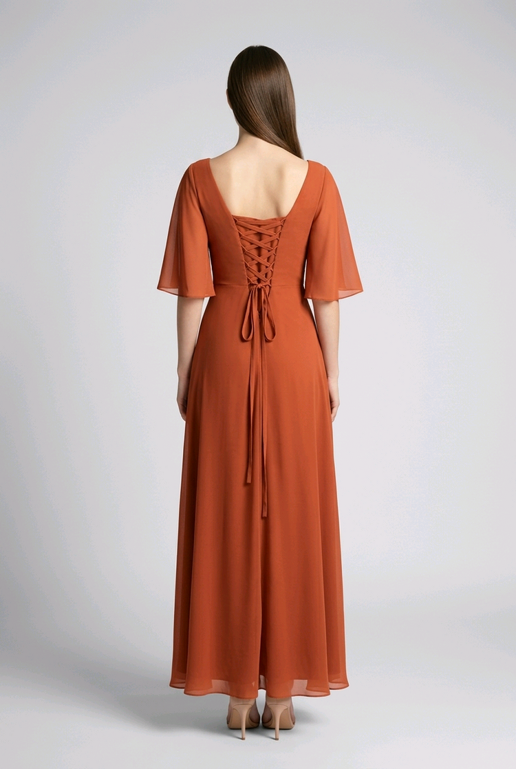 Terracotta Ruched Gown with Brooch and Lace Up Back, Size 12