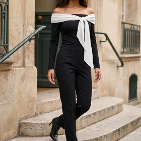 Black Stretch Jersey Top with Ivory Tie, Size S