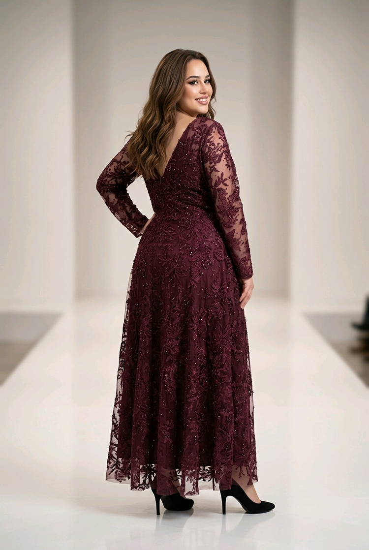 Mac Duggal Burgundy Embellished Illusion Long Sleeve Gown, Size 18