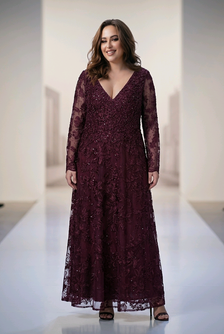 Mac Duggal Burgundy Embellished Illusion Long Sleeve Gown, Size 18