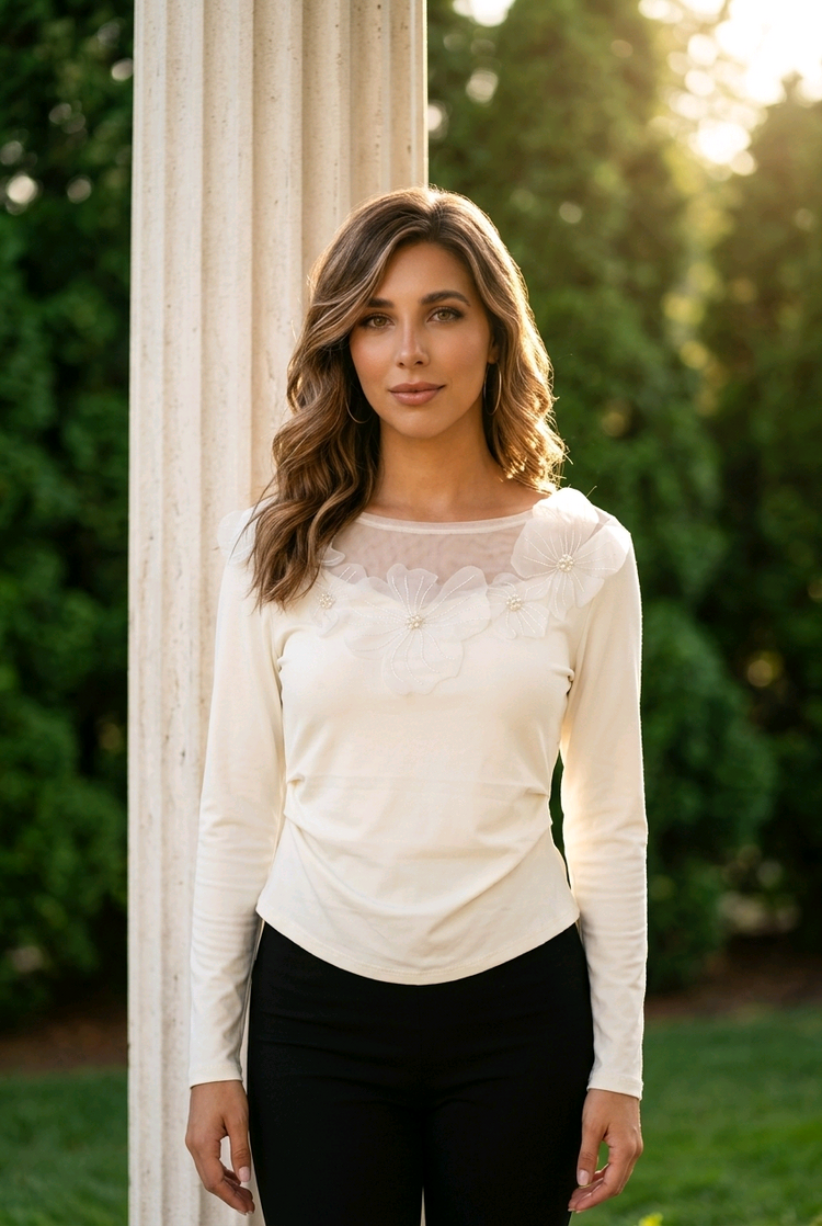 Ivory Top with Pearl Flower Embellishments, Size L