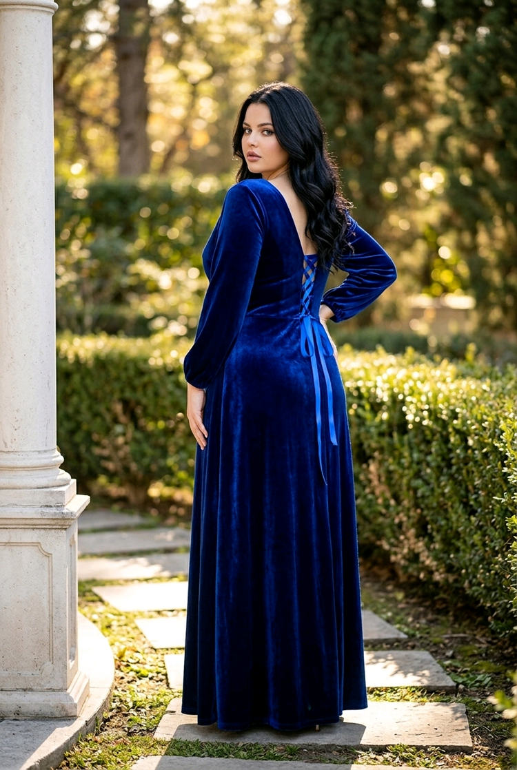 Royal Blue Velvet Gown with Lace Up Back, Size 28