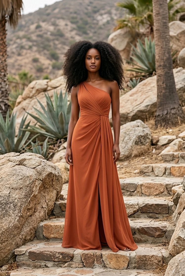 Terracotta One Shoulder Gown with Lace Up Back, Size 6