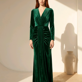 Emerald Green Velvet Long Sleeve Grecian-Style Gown, Size 14