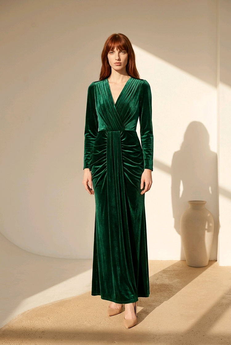 Emerald Green Velvet Long Sleeve Grecian-Style Gown, Size 14
