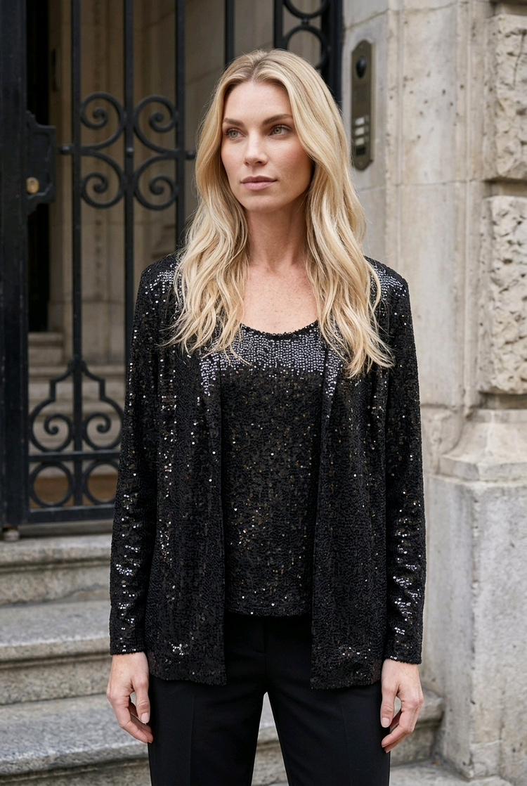 Marina Black Sequin Stretch Jersey Jacket and Tank