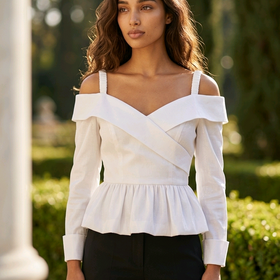 White Stretch Taffeta Peplum Top, Size L