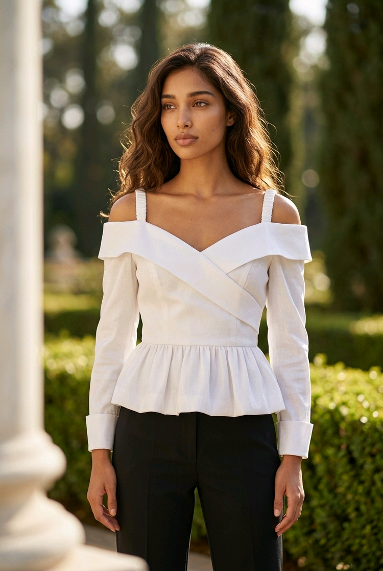White Stretch Taffeta Peplum Top, Size L