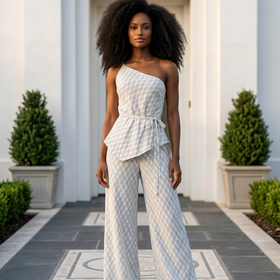 Ivory Plaid One-Shoulder Cami & Pants Set