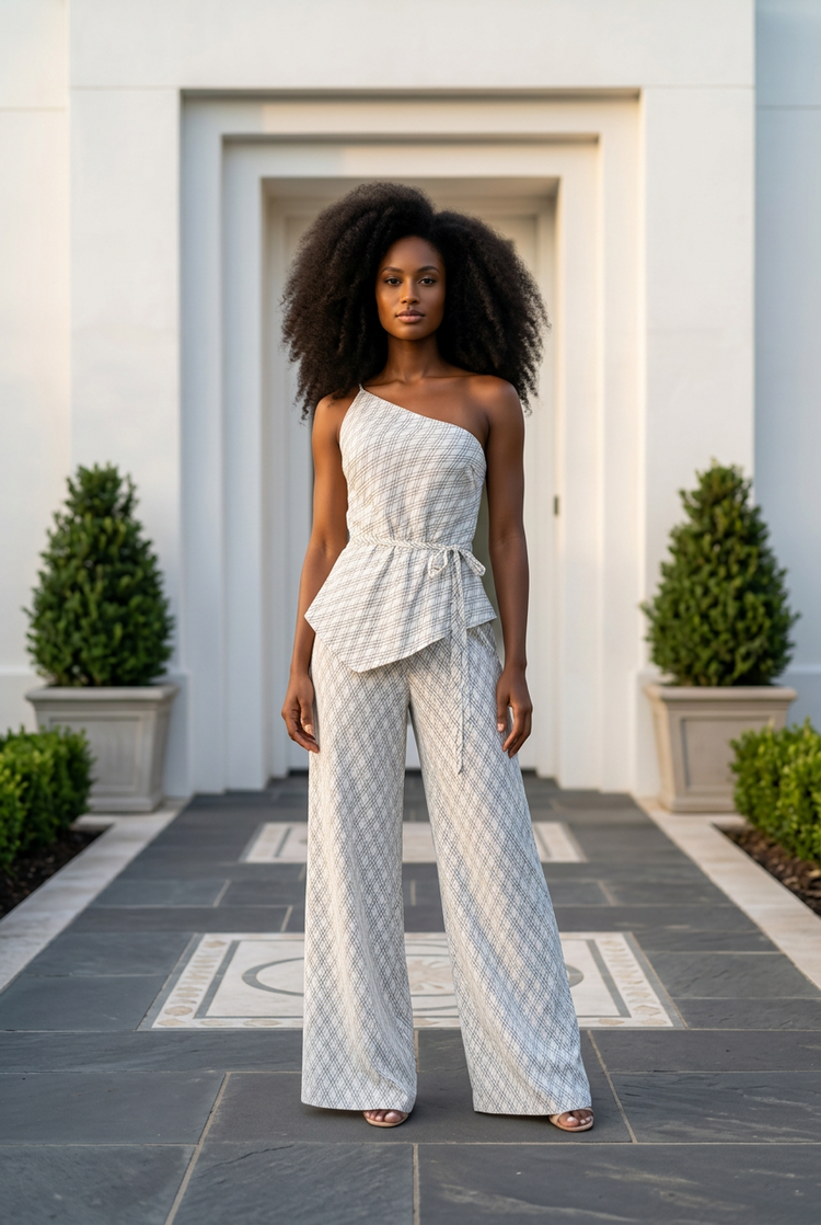 Ivory Plaid One-Shoulder Cami & Pants Set