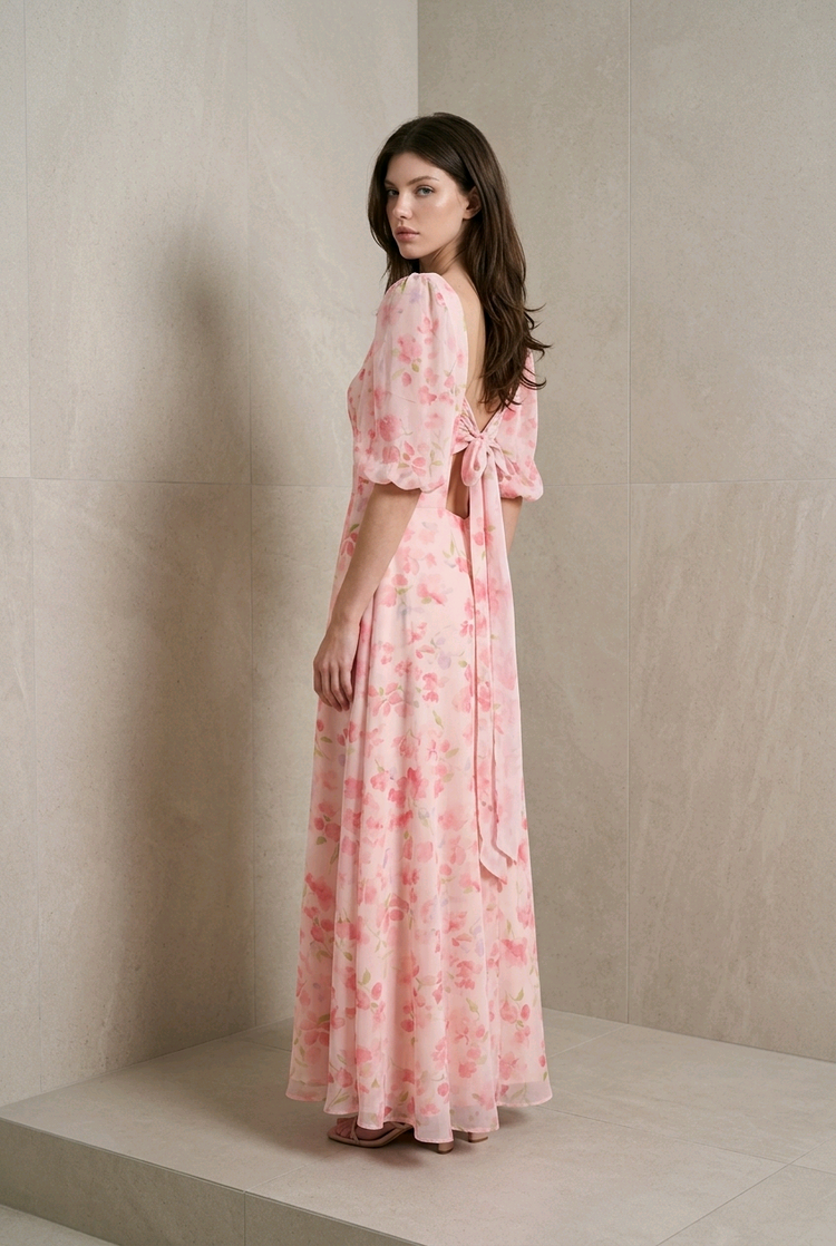 Pink Floral Gown with Square Neckline and Tie Back, Size 22