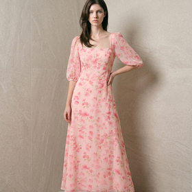 Pink Floral Gown with Square Neckline and Tie Back, Size 22