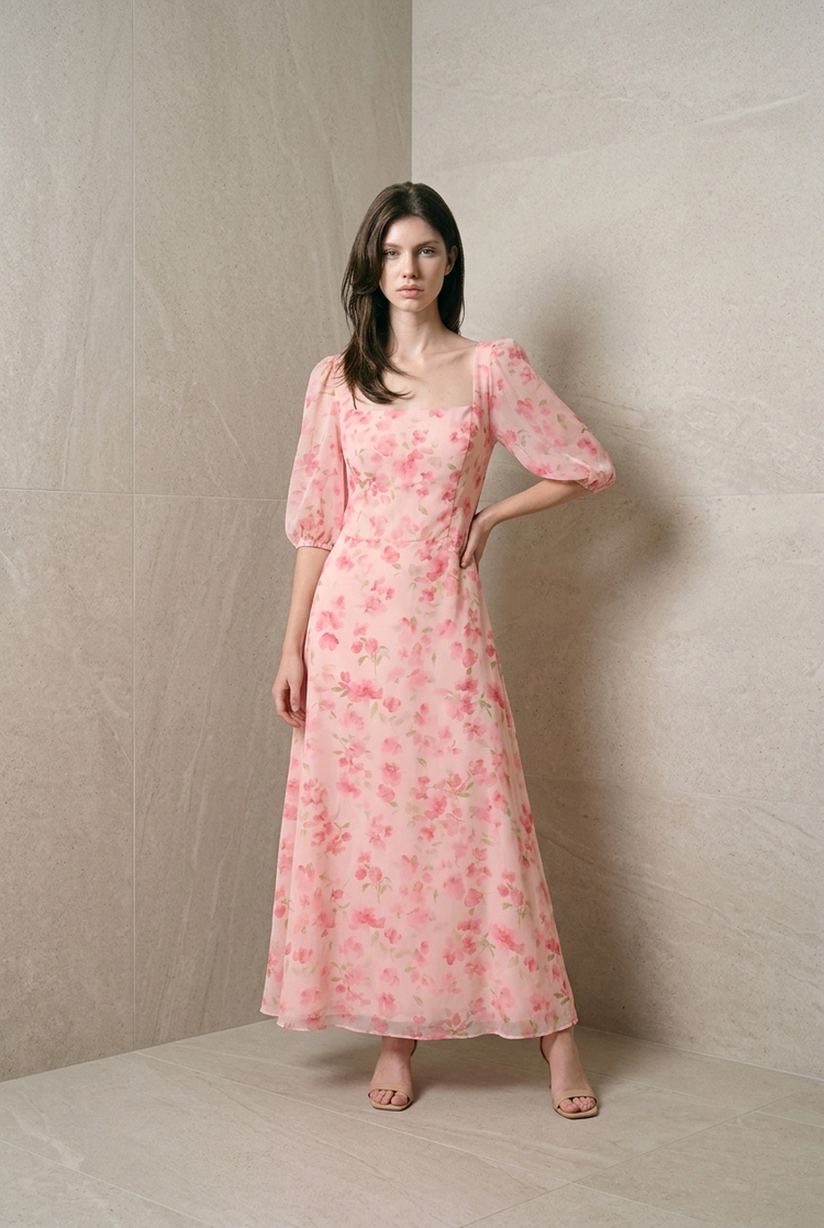 Pink Floral Gown with Square Neckline and Tie Back, Size 22