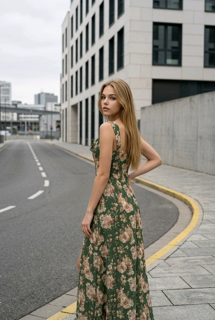 Forest Green Floral Gown with Size Panel and Slit, Size S