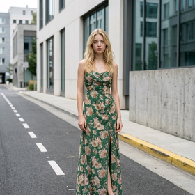 Forest Green Floral Gown with Size Panel and Slit, Size S