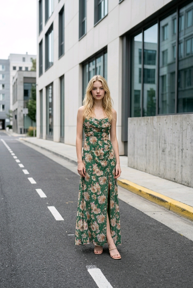 Forest Green Floral Gown with Size Panel and Slit, Size S