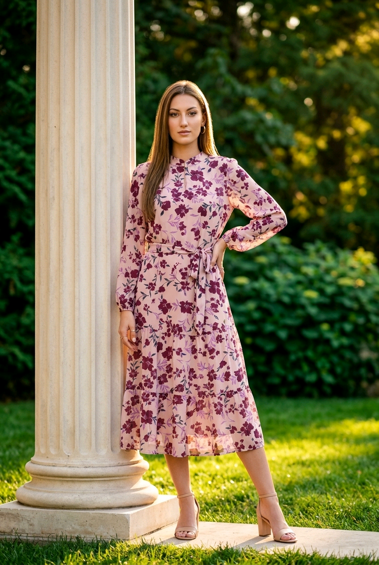 Maggy London Pink Floral Chiffon Dress with Short Sleeves & Tie Waist, Size 10