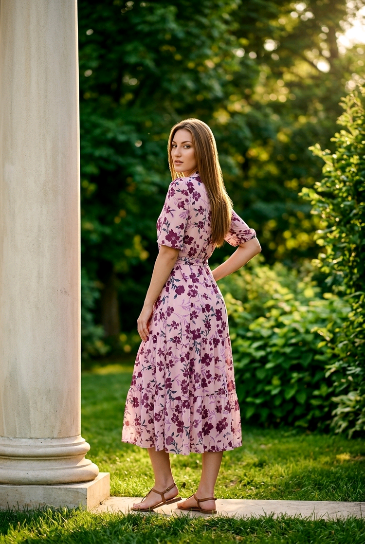 Maggy London Pink Floral Chiffon Dress with Short Sleeves & Tie Waist, Size 10