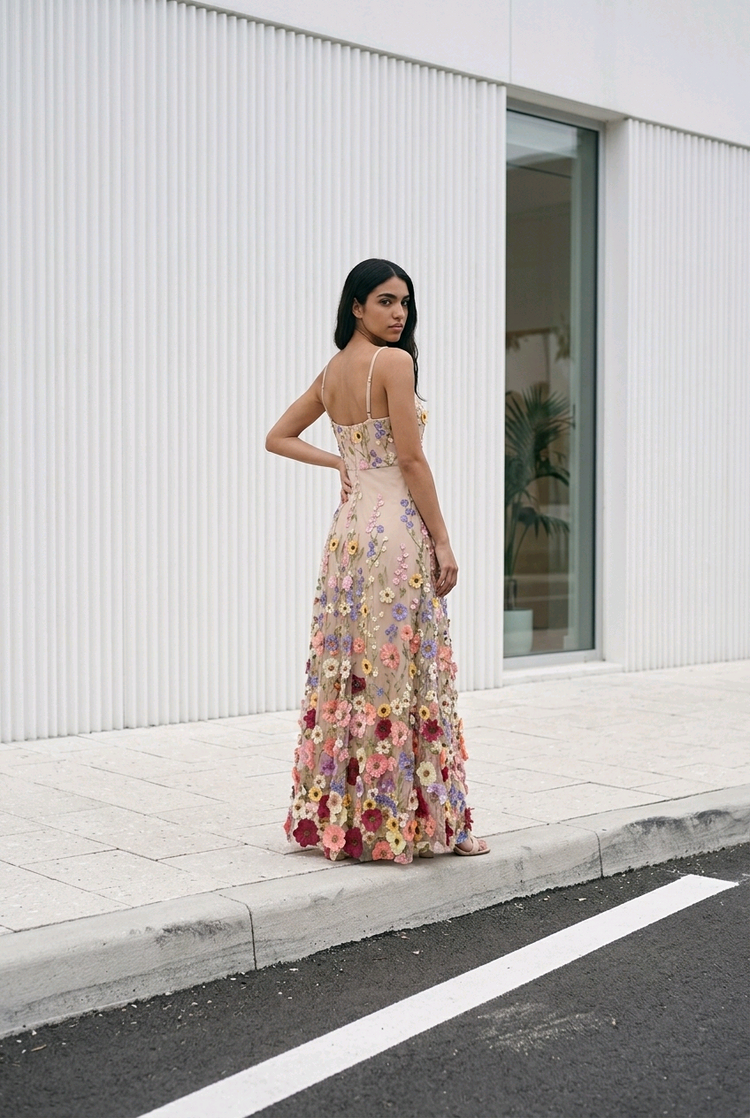 Beige A-Line Gown with Multi-Color 3D Flowers