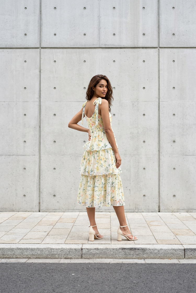 Light Yellow Floral Tiered Silk Dress, Size Large