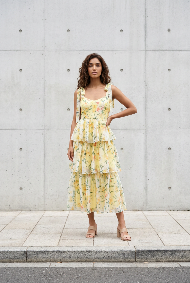 Light Yellow Floral Tiered Silk Dress, Size Large