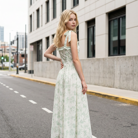 Light Sage Green Floral Gown w/Square Neckline, Size 14