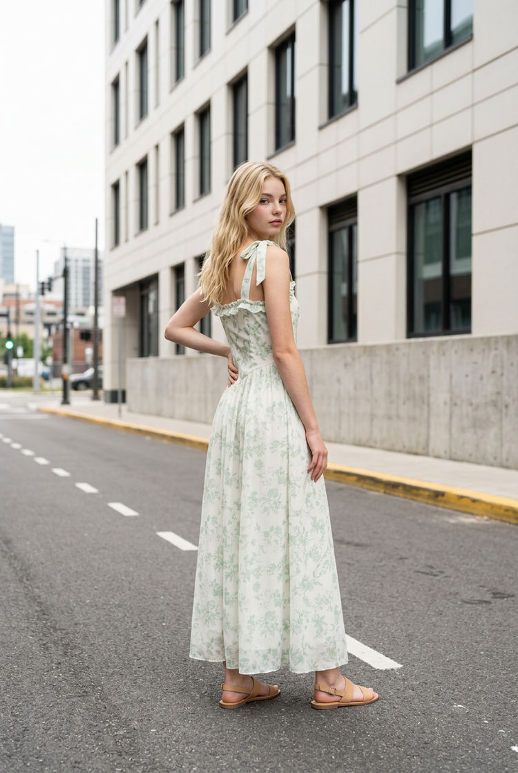 Light Sage Green Floral Gown w/Square Neckline, Size 14